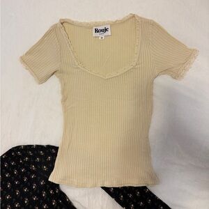Rouje Guia Top, XS/34/00-2, Cream Ribbed Lace-Trim Baby Tee